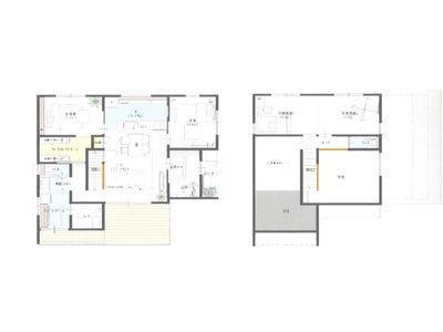開放的な勾配天井でつながる広々４LDK。１階に主寝室を設け平屋ベースで生活でき、２階は洋室のみのシンプルな構造ですが、たっぷりとした収納もあります